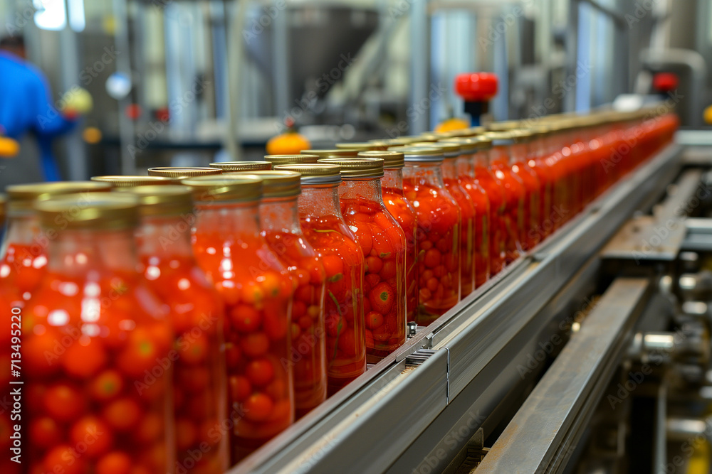 automatic working process of production of tomatoes to canned food on vegetable factory