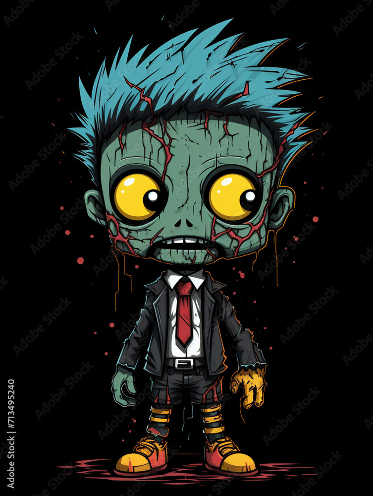 T-shirt design, lineal color icon of one cute zombie with a human theme on black background, featuring a full-body illustration where the head is larger than the body created with Generative Ai T-shirt design, lineal color icon of one cute zombie with a human theme on black background, featuring a full-body illustration where the head is larger than the body created with Generative Ai