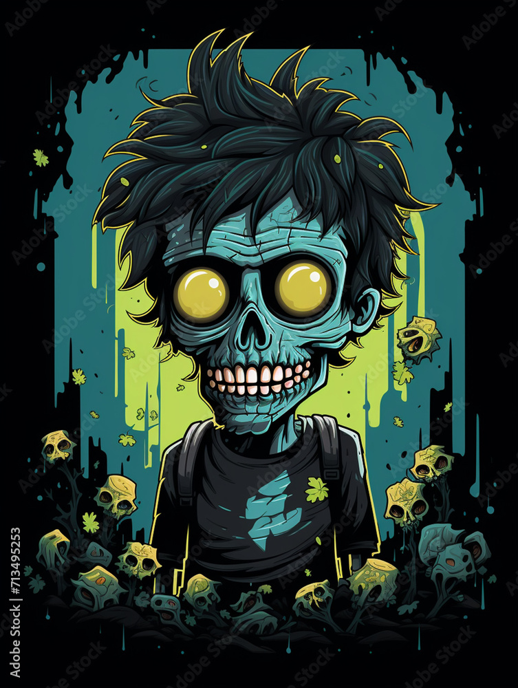 T-shirt design, lineal color icon of one cute zombie with a human theme on black background, featuring a full-body illustration where the head is larger than the body created with Generative Ai