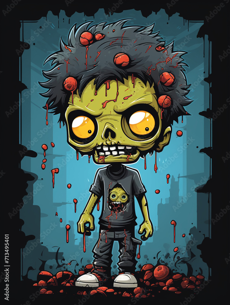 T-shirt design, lineal color icon of one cute zombie with a human theme on black background, featuring a full-body illustration where the head is larger than the body created with Generative Ai T-shirt design, lineal color icon of one cute zombie with a human theme on black background, featuring a full-body illustration where the head is larger than the body created with Generative Ai