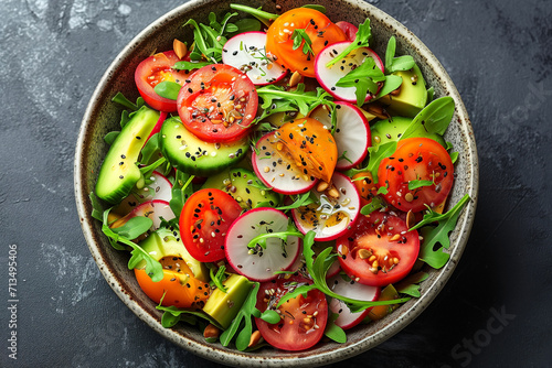 healthy salad of fresh vegetables, tomatoes, avocado, arugula, radishes and seeds in bowl, top view