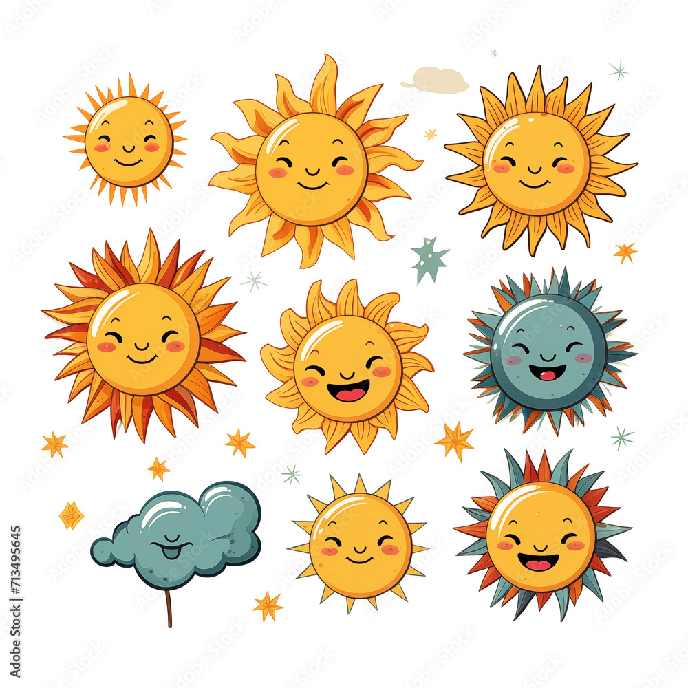 Set of cute cartoon suns with different emotions.