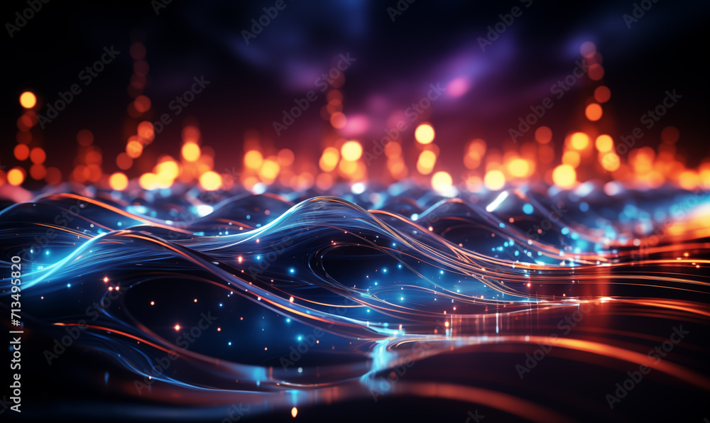 Futuristic technology wave background with glowing lines and bokeh. - obrazy, fototapety, plakaty 