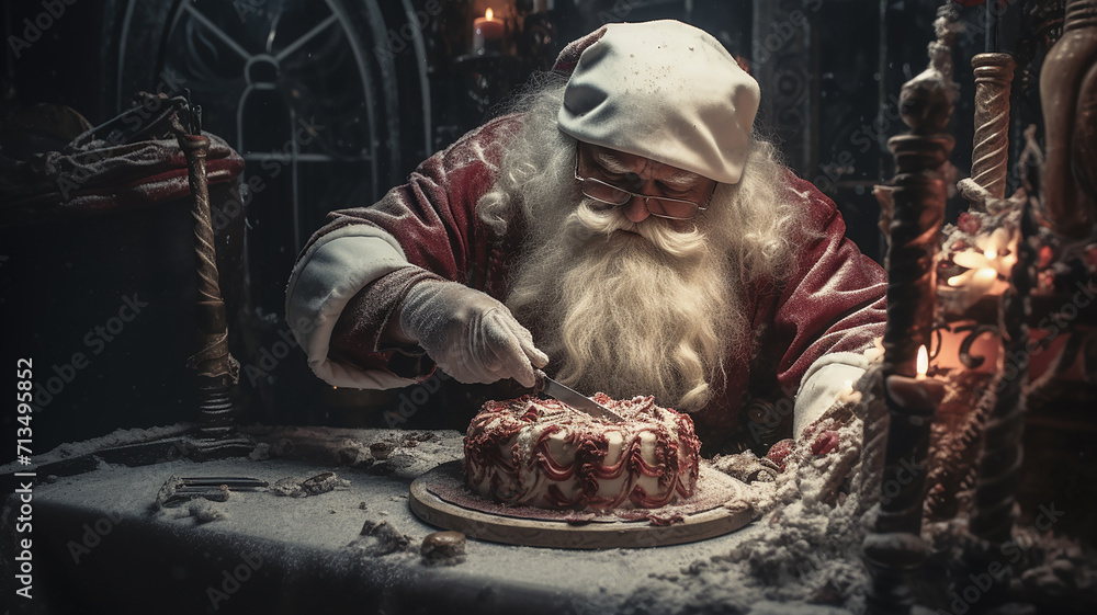 Picture of Santa Claus cutting the cake ai generative photo