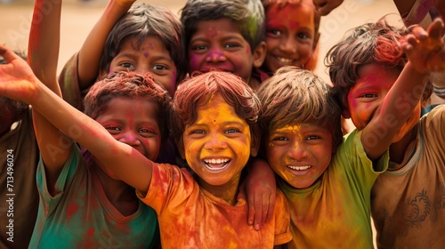 Unidentified children at Holi festival in Kolkata, West Bengal, India. AI.