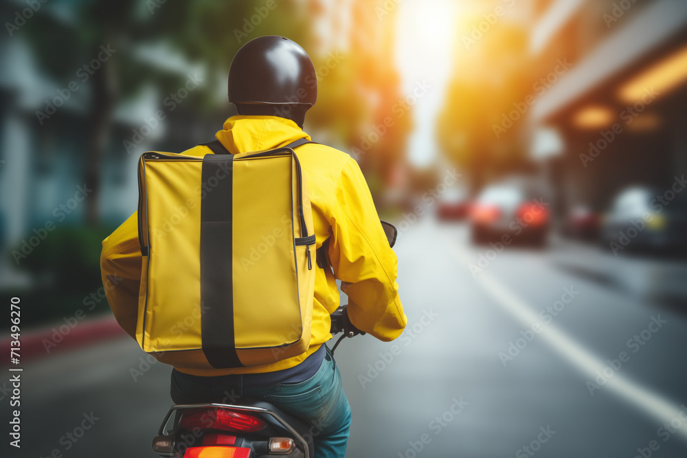 delivery man with yellow rectangular backpack on moped, blurred background delivery man with yellow rectangular backpack on moped, blurred background