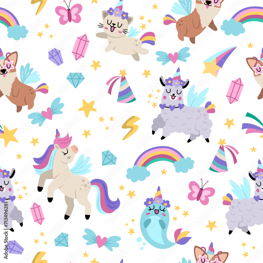 Obraz premium Vector unicorns seamless pattern. Repeat background with fairytale characters, animals with horns, rainbow, falling stars, crystals. Fantasy world digital paper with funny llama, cat, narval.
