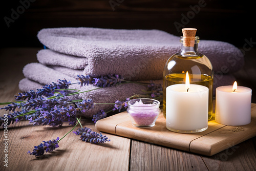 relaxing aromatherapy,still life of folded towels,lavender oil,candles and lavender twigs,the concept of the spa industry