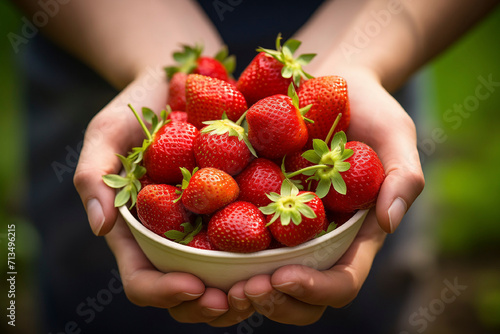 Hands holding a bowl of freshly picked strawberries, nature background