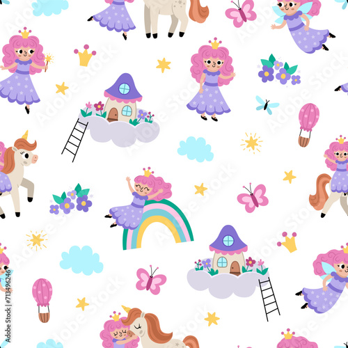 Vector fairy seamless pattern. Fantasy sorceress repeat background with magic wand, pink hair, crown, house on cloud. Fairytale character digital paper. Cartoon magic princess backdrop.