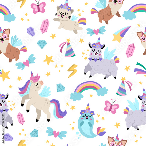 Vector unicorns seamless pattern. Repeat background with fairytale characters, animals with horns, rainbow, falling stars, crystals. Fantasy world digital paper with funny llama, cat, narval.