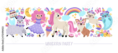 Vector horizontal set with cute characters for unicorn party. Fairytale card template design for banners, invitations, postcards. Magic fantasy world border with animals, fairy, rainbow, star, crystal