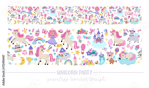 Vector horizontal seamless border brush for unicorn party. Fairytale repeat background for washy tape, stationery. Cute magic fantasy world texture with animals, fairy, rainbow, stars, crystals. photo