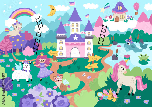 Vector unicorn themed landscape illustration. Fairytale scene with characters, castle, rainbow, forest. Magic nature background with fairy, animals with horns. Fantasy world picture for kids.