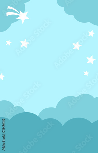 Vector blue abstract background with clouds and stars. Magic or fantasy world scene. Cute fairytale vertical nature landscape for card, social media post. Night sky illustration for kids