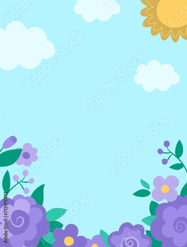 Vector blue abstract background with flower garden, sun, clouds. Magic or fantasy world scene with place for text. Cute fairytale vertical nature landscape. Spring illustration for kids .
