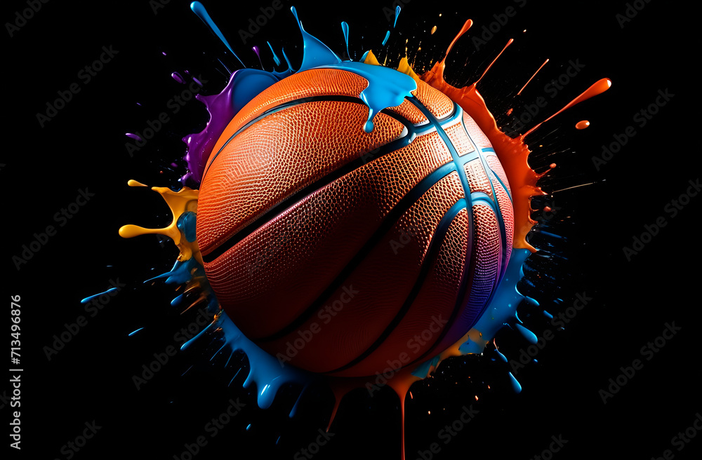 Baskertball Color Basketball ball with splashes of different colors paint, solid black ...