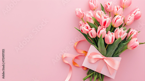 Mother's Day or Valentine Romantic Concept. Top View Photo Gift Box with Ribbon Bouquet of Tulips on Pink Background with Copy Space | TAGS: Still life, floral photography, romantic, Mother's Day, Val
