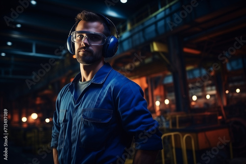 worker man in blue uniform with special headphones and protective glasses stands on background of work process production plant
