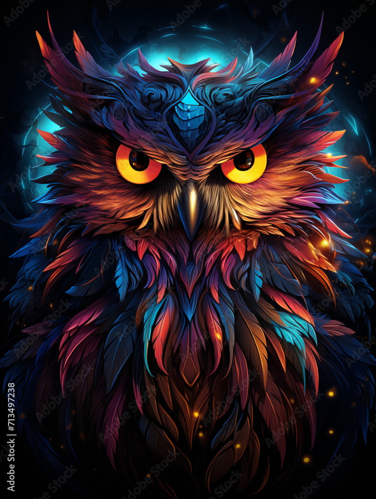 T-shirt design, a gigantic owl, fantasy, glowing eyes, electric dreamscape style, octane rendered created with Generative Ai