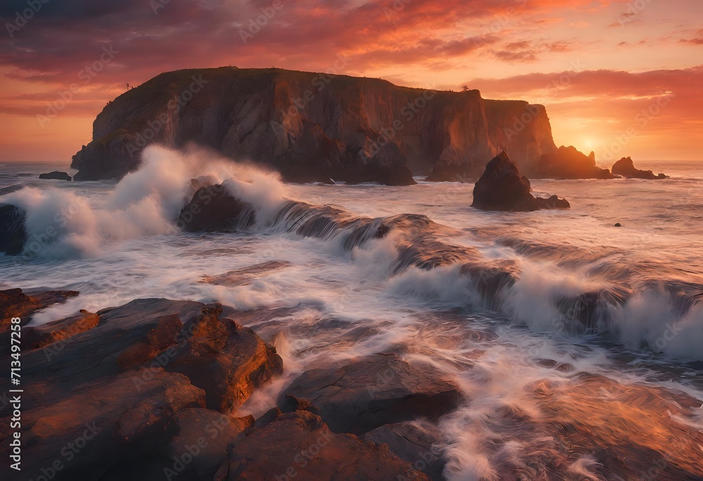 Obraz premium Illustration of the sun setting on a rocky island in the middle of the sea, with waves continuously hitting the rocks, orange hues