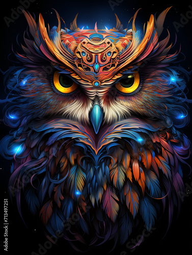 T-shirt design, a gigantic owl, fantasy, glowing eyes, electric dreamscape style, octane rendered created with Generative Ai © Andrii Yablonskyi