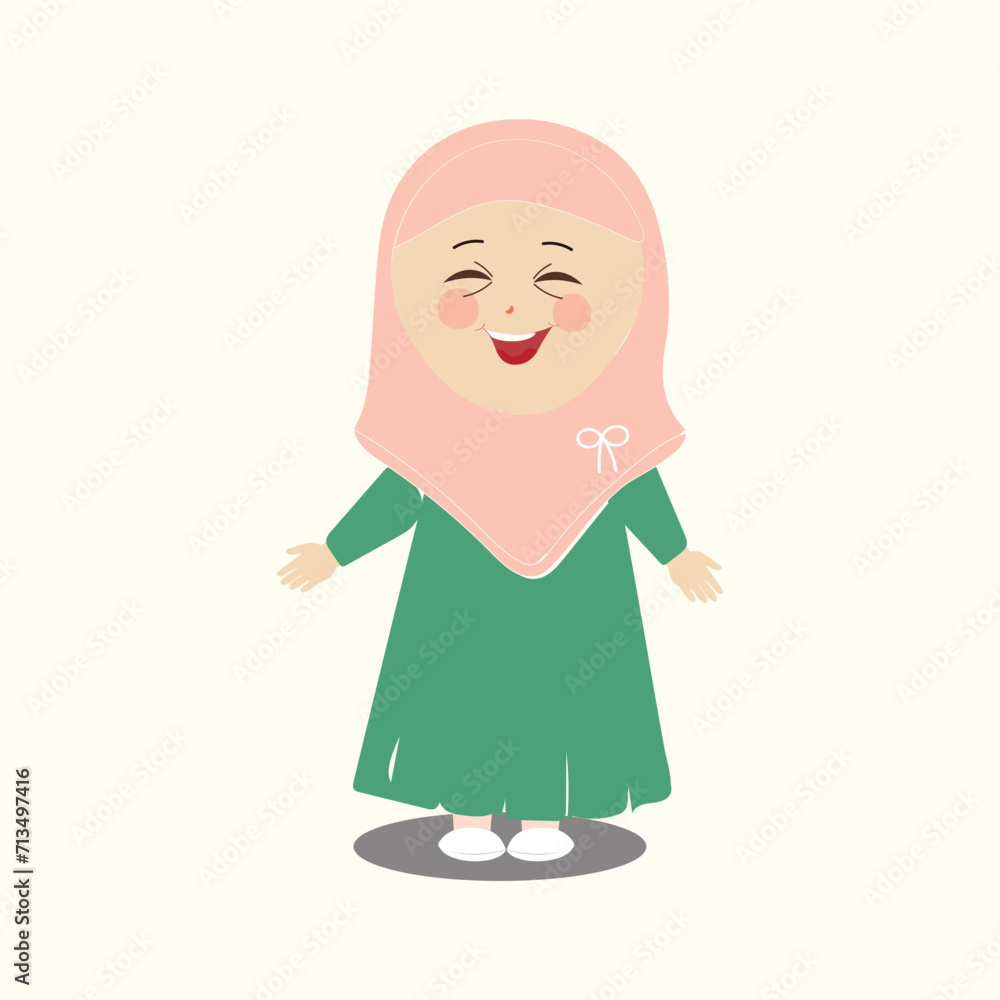 Muslim kid, little girl ramadan cartoon vector illustration. Cute female child in traditional clothes. Happy and smiling children character in hijab. Muslim girl in different action Muslim kid, little girl ramadan cartoon vector illustration. Cute female child in traditional clothes. Happy and smiling children character in hijab. Muslim girl in different action