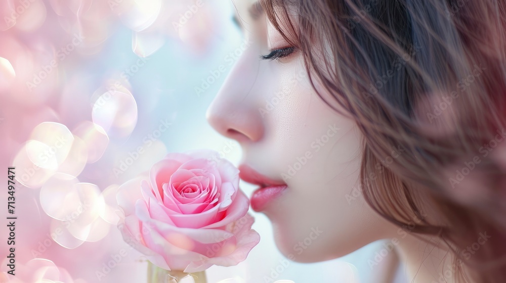 Close-up of a stunning girl holding a rose on a bokeh background on Valentine's Day, waiting for her lover to come along