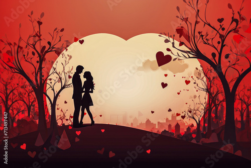 Couple Silhouetted on Valentine s Day  With Floating Red Hearts all Around Them