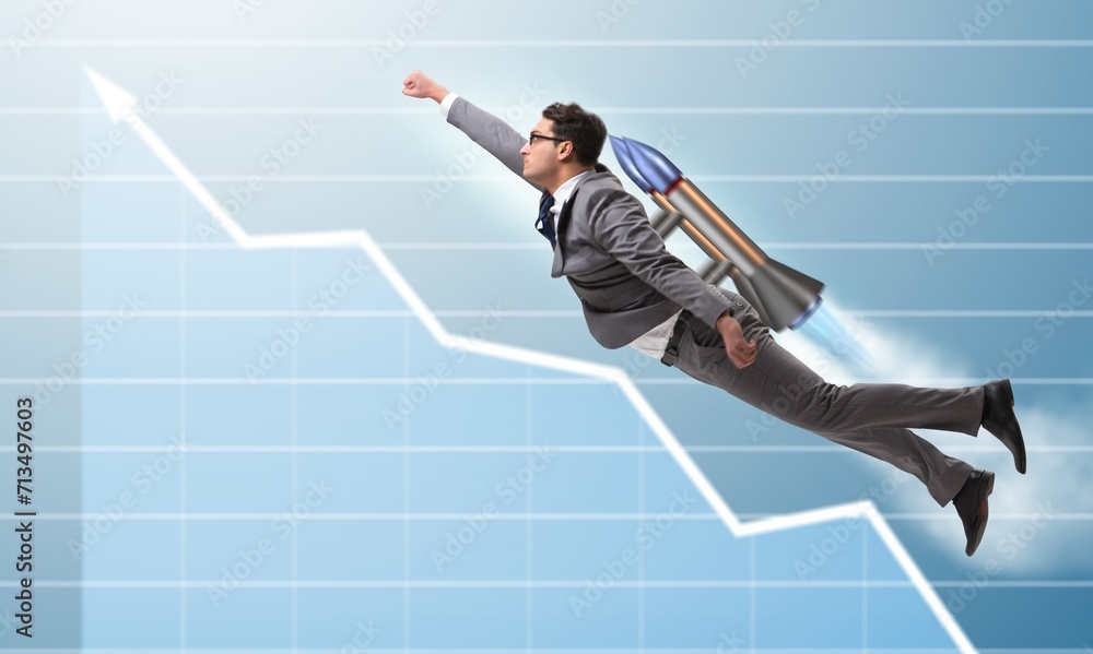 Businessman flying with rocket in funny business concept Businessman flying with rocket in funny business concept