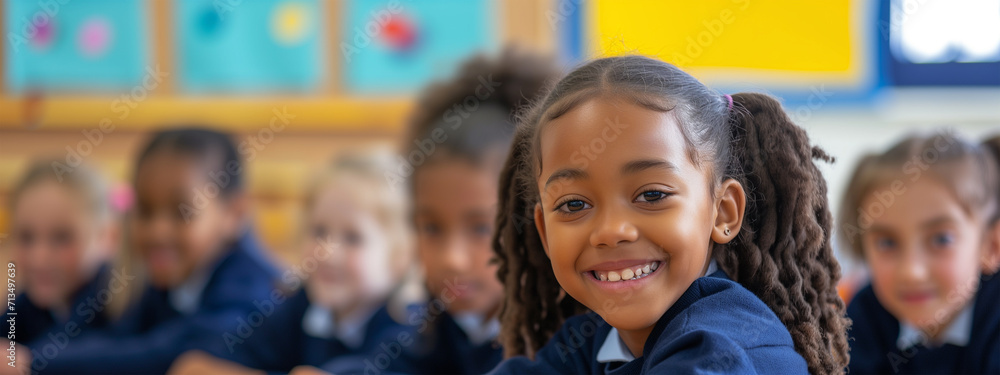 Portrait of smiling adorable little girl of African descent in a safe elementary multiethnic classroom. Educational multiethnic visual; happy black child; safe primary school. Poster for childhood Portrait of smiling adorable little girl of African descent in a safe elementary multiethnic classroom. Educational multiethnic visual; happy black child; safe primary school. Poster for childhood