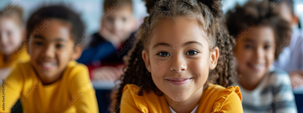 Portrait of smiling adorable little girl of African descent in a safe elementary multiethnic classroom. Educational multiethnic visual; happy black child; safe primary school. Poster for childhood Portrait of smiling adorable little girl of African descent in a safe elementary multiethnic classroom. Educational multiethnic visual; happy black child; safe primary school. Poster for childhood