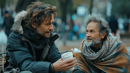 portrait of man giving a cup of coffee to a homeless man with messy hair and dirty cloths on a public park photo