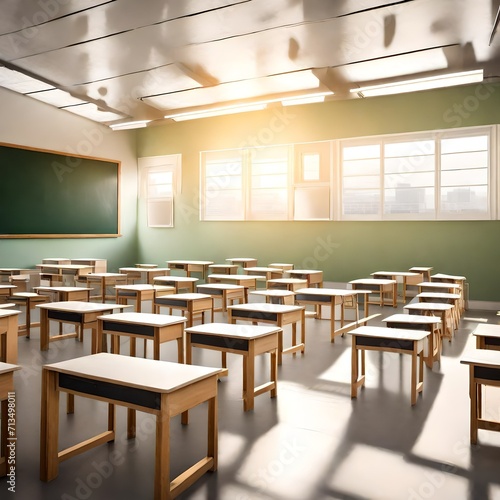 Classroom flooded with sunlight, displaying rows of neat white desks, a clean blackboard, and lively backpacks