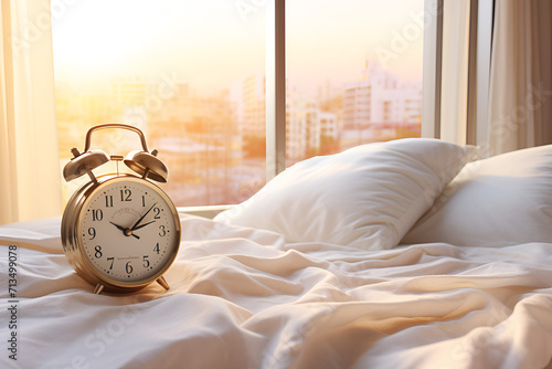 Silver alarm clock on the bed morning time background