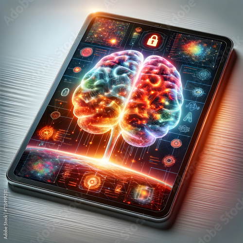 Tablette affichant un cerveau connecté idéal pour article, blogs traitant de : Piraterie, Cyber sécurité, sécurité informatique, virus, hacker, hacking, pirate, attaque et intelligence artificielle 