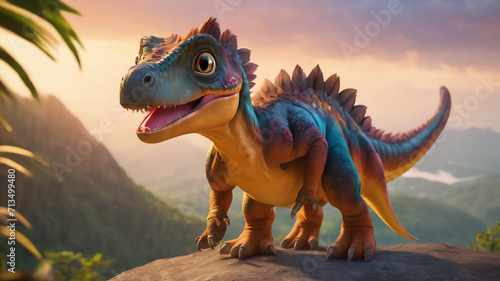 an adorable and baby dinosaur with big color eyes, roaring on the top of a mountain with jungle in the background, with soft feathers, sunset Beautiful , with blur background, high quality, 8k © Muhammad