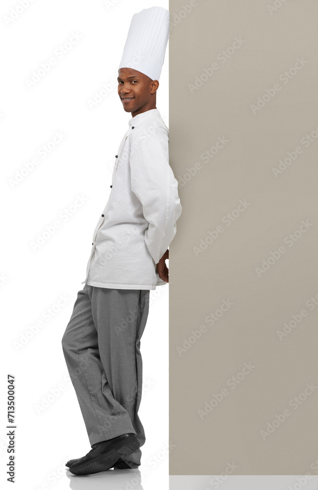 Portrait, happy man and chef on poster menu in studio isolated on a white background mockup space. Smile, cooking and African person on billboard for advertising, marketing and promotion banner sign Portrait, happy man and chef on poster menu in studio isolated on a white background mockup space. Smile, cooking and African person on billboard for advertising, marketing and promotion banner sign