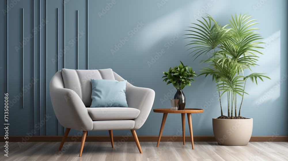 Light blue stylish furniture, armchair or couch with decorative pillow, home style Light blue stylish furniture, armchair or couch with decorative pillow, home style