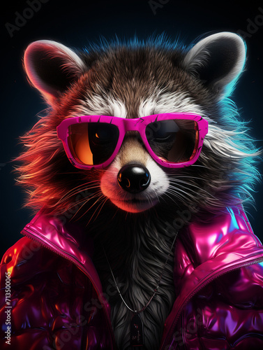 T-shirt design, hot pink raccoon, fuzzy, cute, portrait, 3d render, ray tracing created with Generative Ai