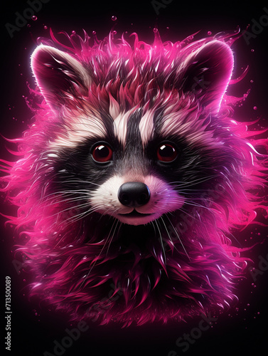 T-shirt design, hot pink raccoon, fuzzy, cute, portrait, 3d render, ray tracing created with Generative Ai © Andrii Yablonskyi