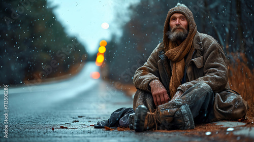 Close up portrait of old elderly homeless man sitting side of a road in a cold wet evening, showcasing hunger, helplessness and poverty 