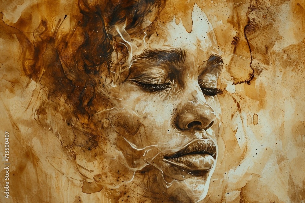 The drawings with dry ground coffee on glass were beautiful, in the style of a woman's portrait, golden light, light grey, pensive poses, smoky background, light orange and light black, light and shad The drawings with dry ground coffee on glass were beautiful, in the style of a woman's portrait, golden light, light grey, pensive poses, smoky background, light orange and light black, light and shad