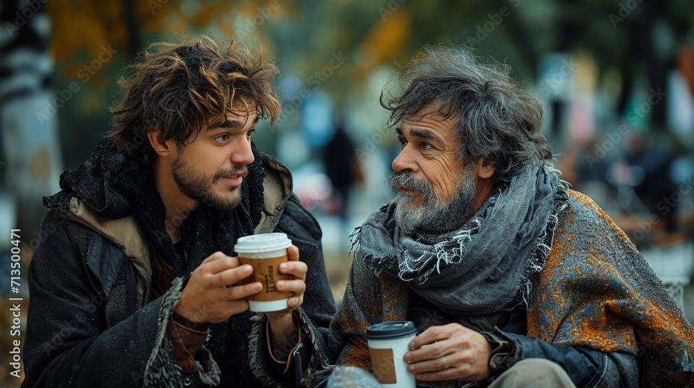 portrait of man giving a cup of coffee to a homeless man with messy hair and dirty cloths on a public park portrait of man giving a cup of coffee to a homeless man with messy hair and dirty cloths on a public park