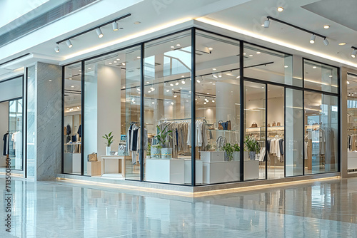 clothing boutique inside a bright shopping mall, featuring a spacious and sophisticated interior with a clear glass facade, retail store displaying a luxury collection of contemporary urban outfits photo