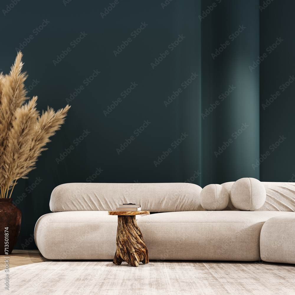 Fototapeta premium Modern interior design of living room with empty green wall background and white sofa. 3D Rendering, 3D Illustration
