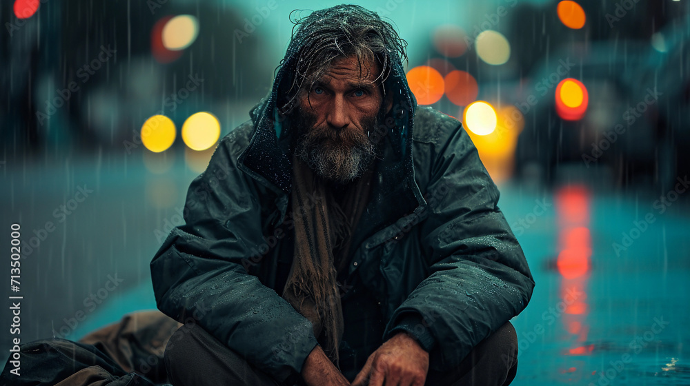 Close up portrait of old elderly homeless man sitting side of a road in a cold wet evening, showcasing hunger, helplessness and poverty Close up portrait of old elderly homeless man sitting side of a road in a cold wet evening, showcasing hunger, helplessness and poverty