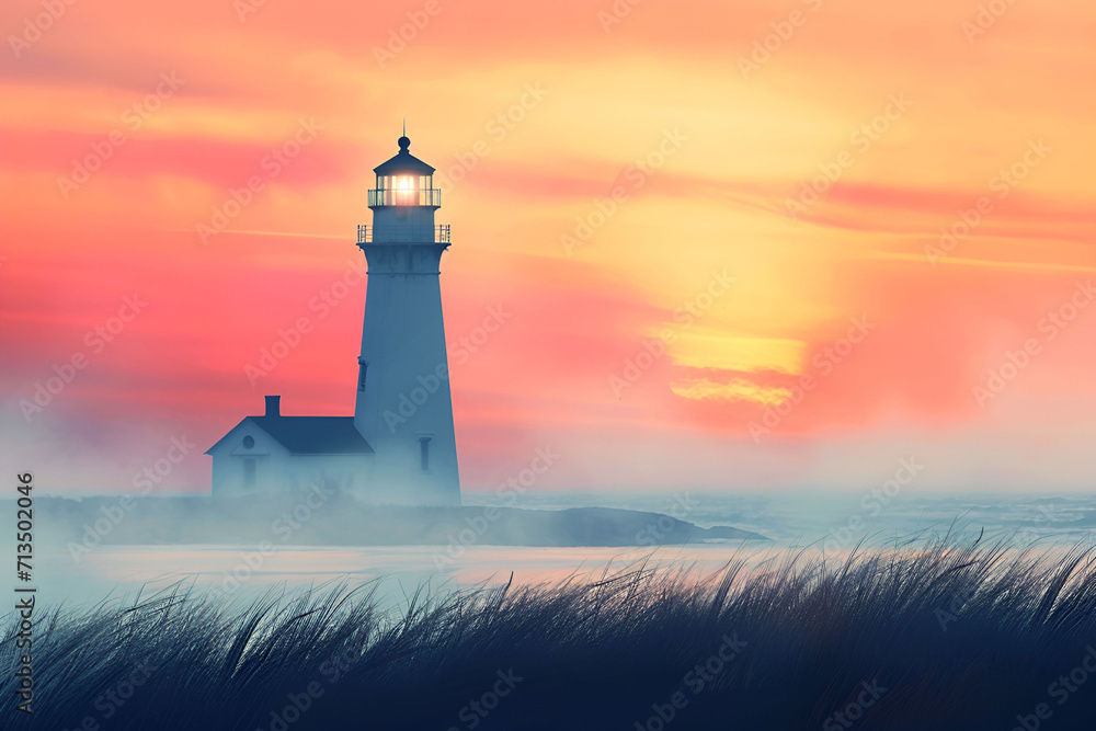 Lighthouse on a deserted island against the backdrop of a bright orange sunset