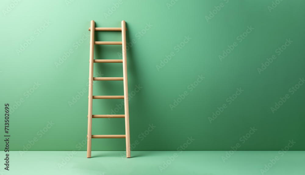 A wooden ladder against a light green color wall with a copy space background. Achieving goals and ladder to success concept - obrazy, fototapety, plakaty 