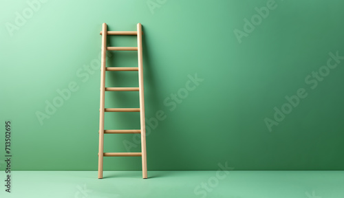 A wooden ladder against a light green color wall with a copy space background. Achieving goals and ladder to success concept